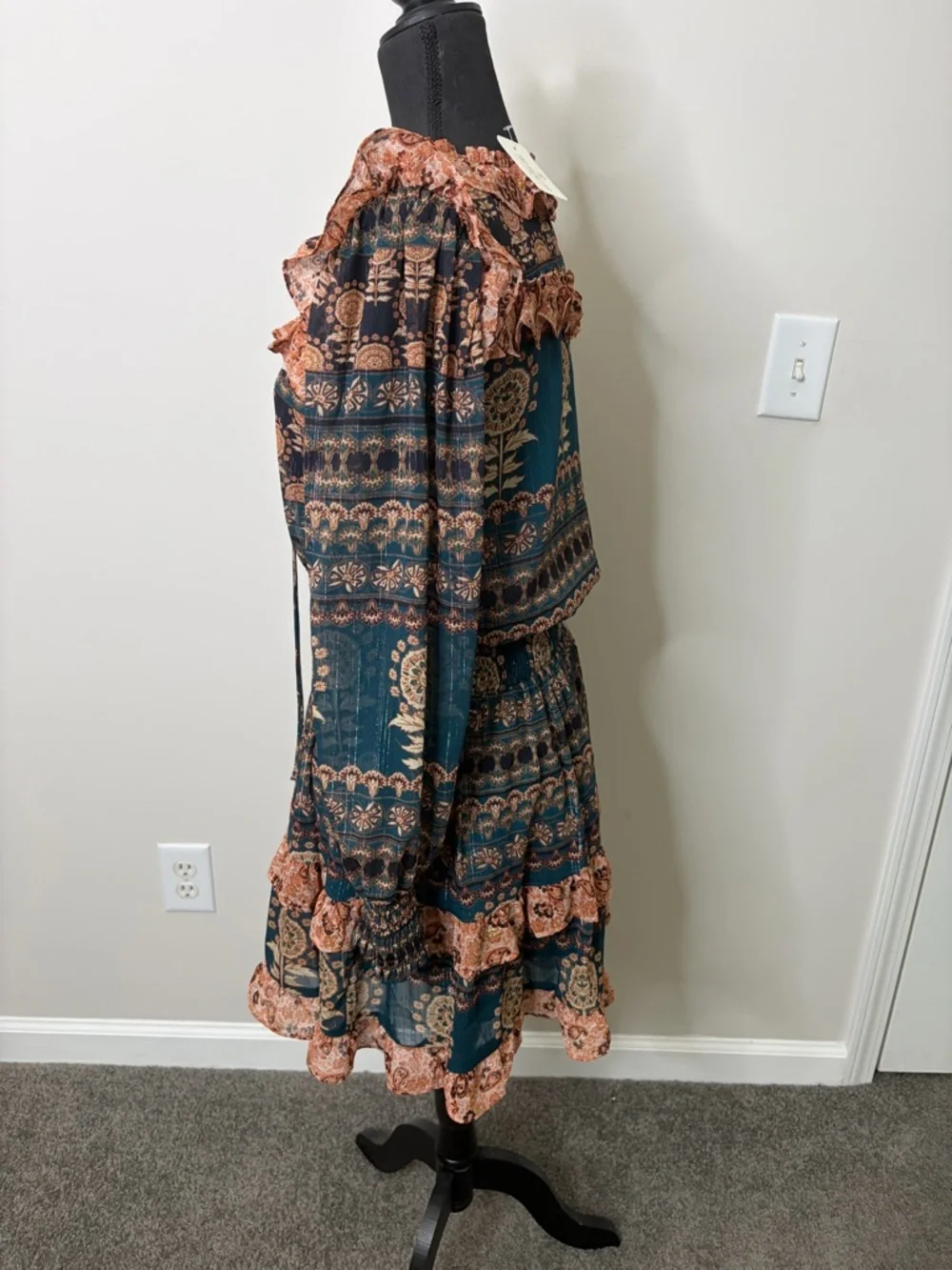 NWT AUREUM Teal and Peach Ruffled Long-Sleeve Tiered Mini Dress - Picture 3 of 9